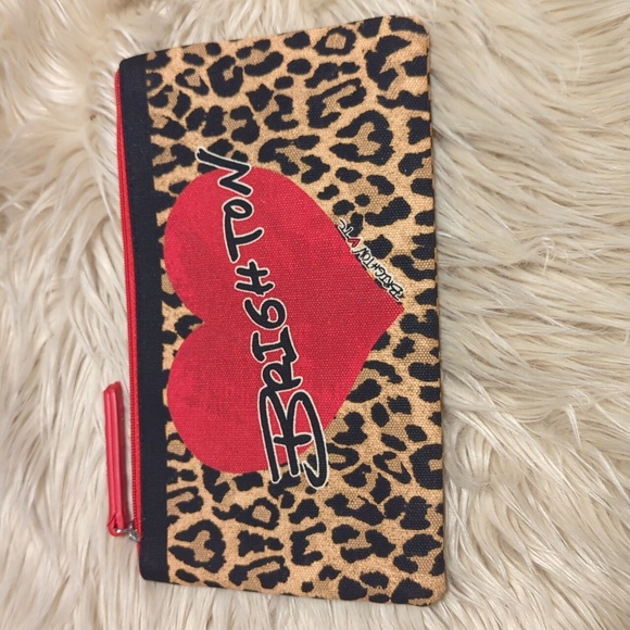 Brighton Handbags - Brighton 2020 Red Heart Leopard  Print Canvas Clutch Pouch Cosmetic Zip Top Bag